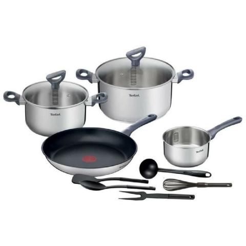 G713SB45 Daily Cook Set 11 pieces inox : Casserole 16 cm + Faitouts 20 et 24 cm avec couvercles + Poele 28 cm + 5 ustensil - Tefal