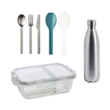 Kit déjeuner : bouteille isotherme 750ml, 3 couverts bleu et boîte en verre 2 compartiment