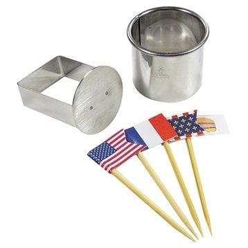 Kit mini-burgers avec découpoir poussoir et drapeaux Gobel Kit mini-burgers avec découpoir poussoir et drapeaux Gobel