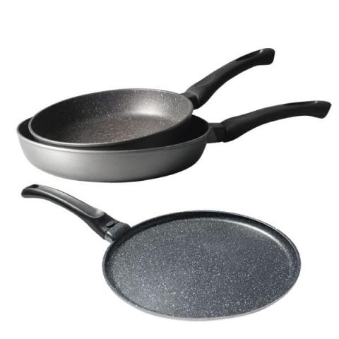 Lot 2 poêles 24 et 28 cm et 1 crêpière 26 cm revêtement Dur comme la pierre Mathon Lot 2 poêles 24 et 28 cm et 1 crêpière 26 cm revêtement Dur comme la pierre Mathon