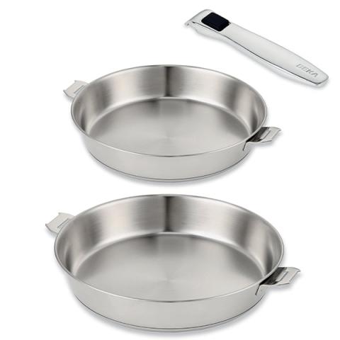 Lot 2 poêles tout inox Evolution 20 et 28 cm et manche amovible Beka