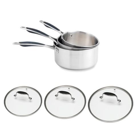 Lot 3 casseroles et couvercles inox et verre Excell'inox Mathon Lot 3 casseroles et couvercles inox et verre Excell'inox Mathon