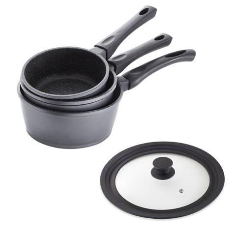 Lot 3 casseroles revêtement Dur comme la pierre 16, 18 et 20 cm et couvercle multidiamètre Mathon Lot 3 casseroles revêtement Dur comme la pierre 16, 18 et 20 cm et couvercle multidiamètre Mathon