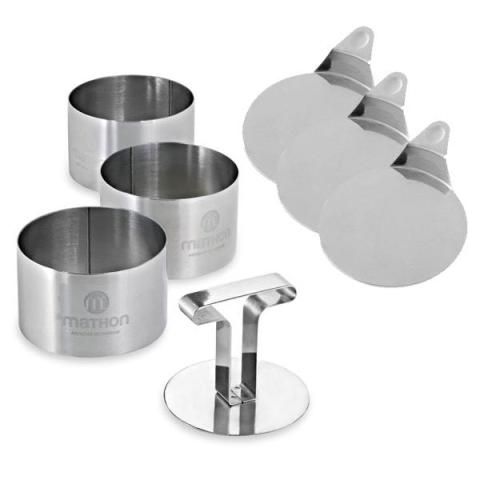 Lot 3 cercles de présentation en inox avec poussoir + 3 supports
