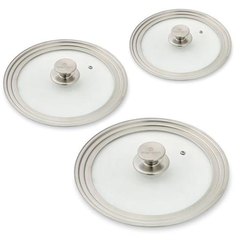 Lot 3 couvercles en verre et inox multidiamètre 16, 18, 20 cm + 24, 26, 28 cm + 28, 30 et 32 cm  Mathon