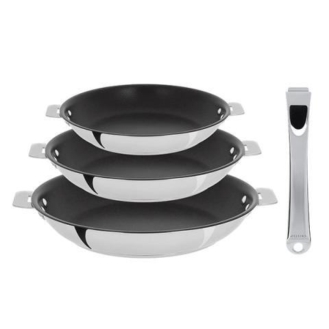 Lot 3 poêles inox antiadhérentes Casteline 20, 24 et 28 cm et manche amovible Cristel