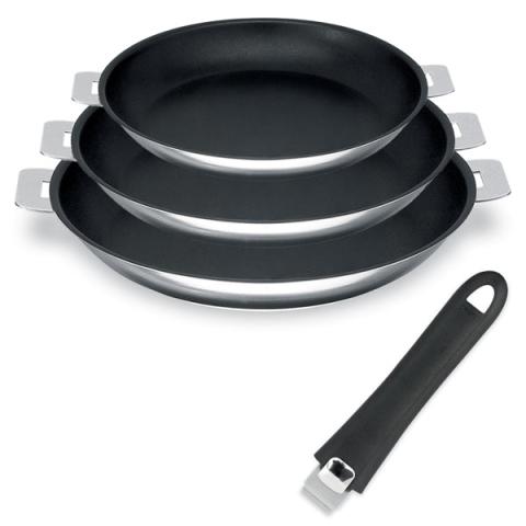 Lot 3 poêles inox antiadhérentes Mutine 20, 24 et 26 cm et manche amovible Cristel Cristel