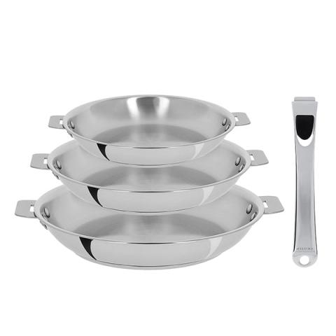 Lot 3 poêles tout inox Casteline 20, 24 et 28 cm et manche amovible Cristel