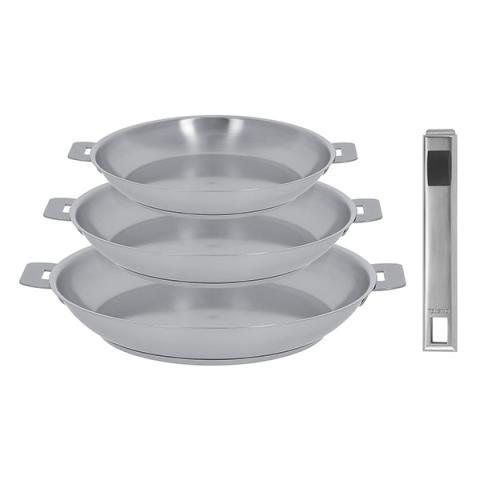 Lot 3 poêles tout inox Strate 20, 24 et 28 cm et manche amovible Cristel
