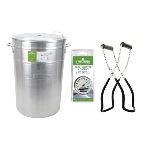 Lot cuiseur 90 L 24 bocaux avec thermomètre à cadran et pince à bocal Lot cuiseur 90 L 24 bocaux avec thermomètre à cadran et pince à bocal