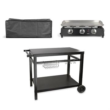 Lot plancha gaz 3 brûleurs avec chariot en métal et housse de protection