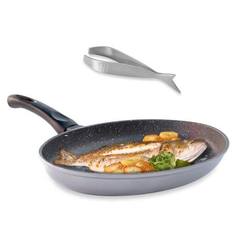 Lot poêle à poisson ovale revêtement Dur comme la pierre 34 cm et pince à arêtes Mathon