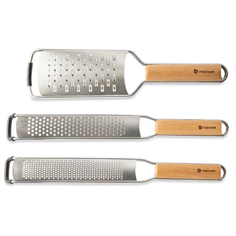 Lot râpe zesteur grains fins, râpe fine gros grains et râpe large double tranchant manche hêtre