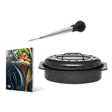 Lot Roaster 41 cm Graniteware, livre de recettes et poire à jus Lot Roaster 41 cm Graniteware, livre de recettes et poire à jus