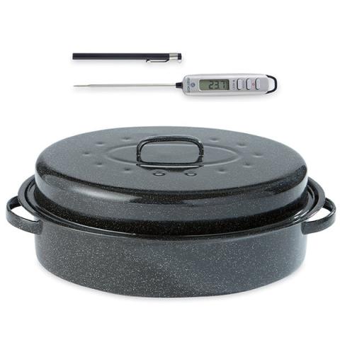 Lot roaster en acier émaillé 42,5 cm et thermomètre digital de cuisine à sonde Mathon Lot roaster en acier émaillé 42,5 cm et thermomètre digital de cuisine à sonde Mathon