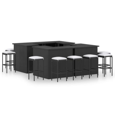 Meuble de bar de jardin 16 pièces et coussins résine tressée noir 02_0014498