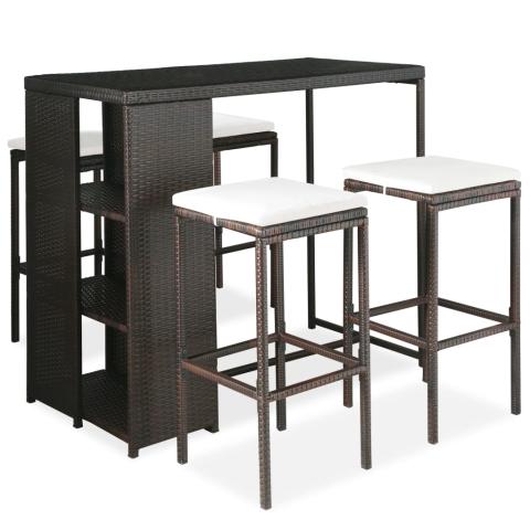 Meuble de bar de jardin 5 pièces et coussins résine tressée marron 02_0014503