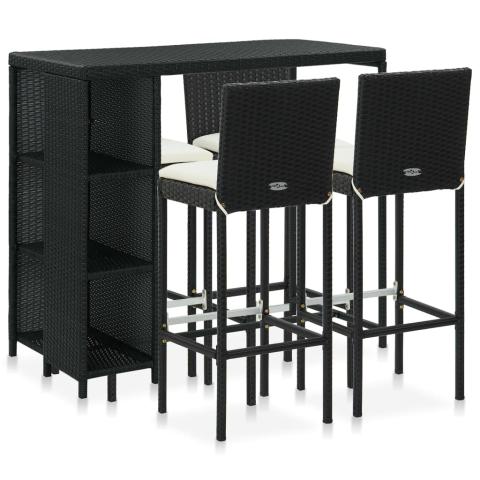 Meuble de bar de jardin 5 pièces et coussins résine tressée noir 02_0014504