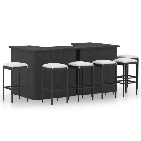 Meuble de bar de jardin 8 pièces avec coussins résine tressée noir 02_0014507