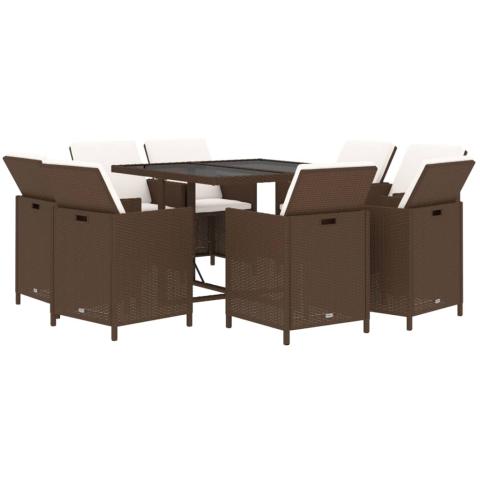 Meubles à dîner de jardin et coussins 9 pièces poly rotin marron 02_0014526