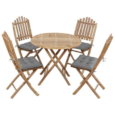 Mobilier à dîner d'extérieur pliable 5 pièces avec coussins bambou 02_0014700