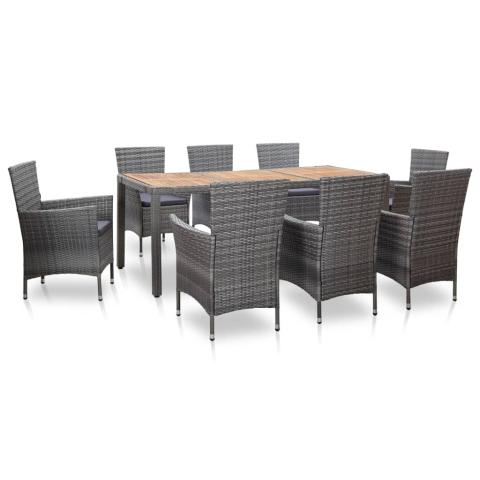 Mobilier à dîner de jardin 9 pièces et coussins résine tressée gris 02_0014843