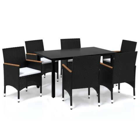 Mobilier à dîner de jardin et coussins 7 pièces résine tressée noir 02_0014914