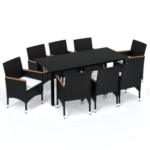 Mobilier à dîner de jardin et coussins 9 pièces résine tressée noir 02_0014918