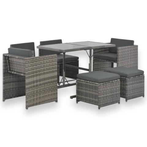 Mobilier à dîner salon de jardin 7 pièces et coussins résine tressée gris 02_0014818