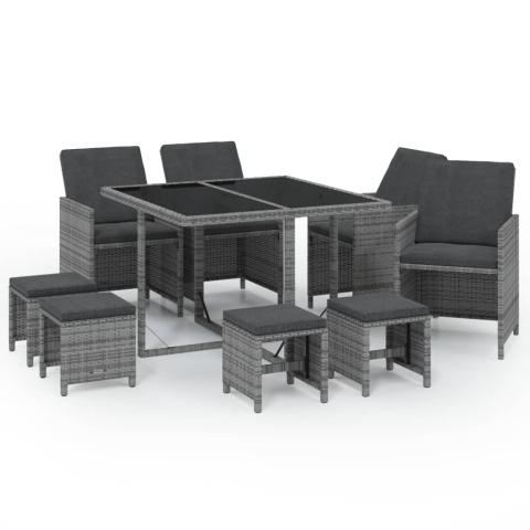 Mobilier à dîner salon de jardin et coussins 9 pièces résine tressée gris 02_0014916