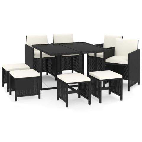 Mobilier à dîner salon de jardin et coussins 9 pièces résine tressée noir 02_0014917