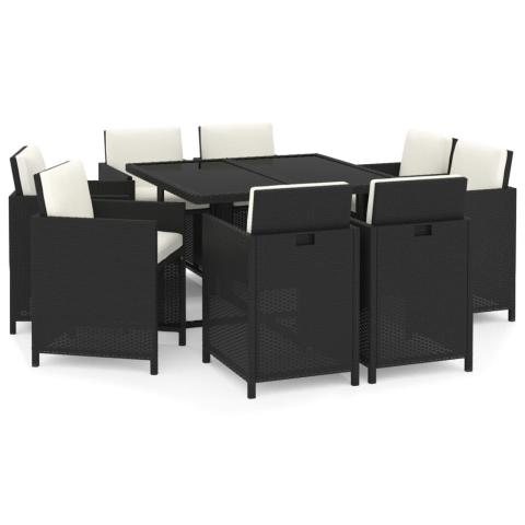 Mobilier à dîner salon de jardin et coussins 9 pièces résine tressée noir 02_0014919