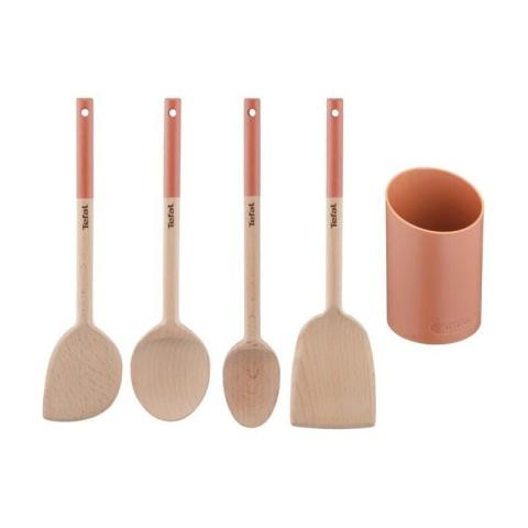 Natura 5 ustensiles de cuisine en bois, Grande cuillere, Spatule biseautée, Maryse, Petite cuillere, Porte-ustensiles K27 - Tefal