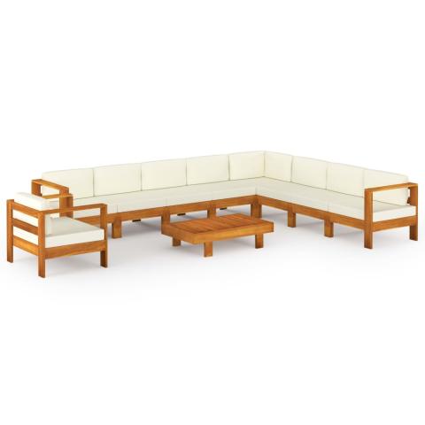Salon de jardin meuble d'extérieur ensemble de mobilier 10 pièces avec coussins blanc crème bois d'acacia 02_0014980 Salon de jardin meuble d'extérieur ensemble de mobilier 10 pièces avec coussins blanc crème bois d'acacia 02_0014980