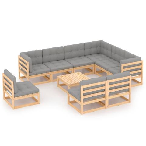 Salon de jardin meuble d'extérieur ensemble de mobilier 10 pièces avec coussins bois de pin massif 02_0014992