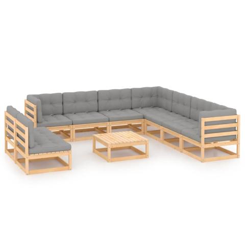 Salon de jardin meuble d'extérieur ensemble de mobilier 10 pièces avec coussins bois de pin massif 02_0014993