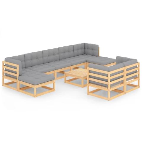 Salon de jardin meuble d'extérieur ensemble de mobilier 10 pièces avec coussins bois de pin massif 02_0014995