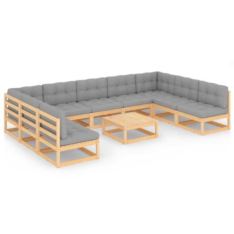 Salon de jardin meuble d'extérieur ensemble de mobilier 10 pièces avec coussins bois de pin massif 02_0014997