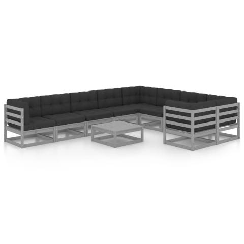 Salon de jardin meuble d'extérieur ensemble de mobilier 10 pièces avec coussins gris bois de pin massif 02_0015028 Salon de jardin meuble d'extérieur ensemble de mobilier 10 pièces avec coussins gris bois de pin massif 02_0015028