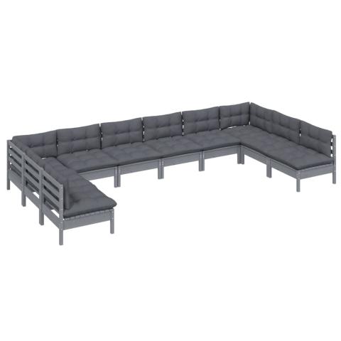 Salon de jardin meuble d'extérieur ensemble de mobilier 10 pièces avec coussins gris bois de pin solide 02_0015036