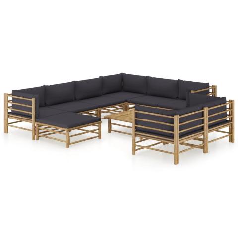 Salon de jardin meuble d'extérieur ensemble de mobilier 10 pièces avec coussins gris foncé bambou 02_0015044