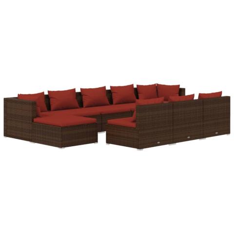 Salon de jardin meuble d'extérieur ensemble de mobilier 10 pièces avec coussins marron résine tressée 02_0015090