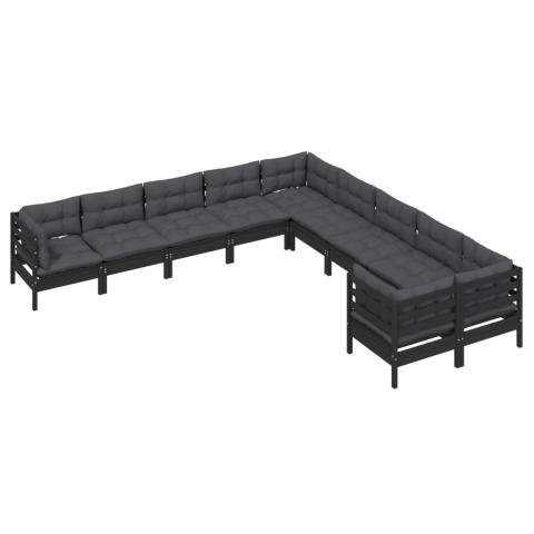 Salon de jardin meuble d'extérieur ensemble de mobilier 10 pièces avec coussins noir bois de pin 02_0015099