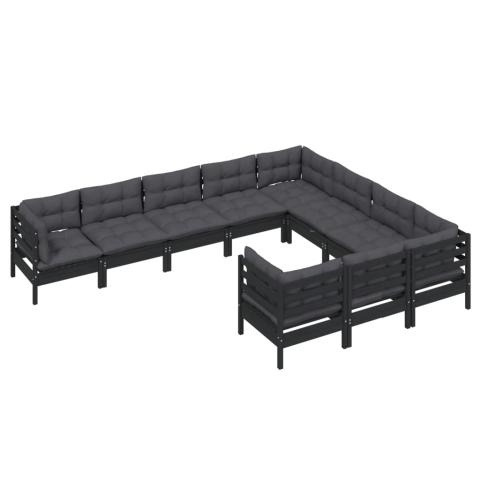 Salon de jardin meuble d'extérieur ensemble de mobilier 10 pièces avec coussins noir bois de pin 02_0015100