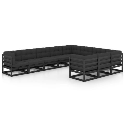 Salon de jardin meuble d'extérieur ensemble de mobilier 10 pièces avec coussins noir bois de pin massif 02_0015107 Salon de jardin meuble d'extérieur ensemble de mobilier 10 pièces avec coussins noir bois de pin massif 02_0015107