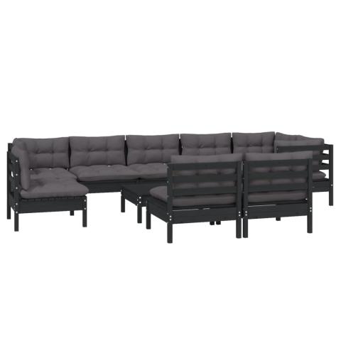 Salon de jardin meuble d'extérieur ensemble de mobilier 10 pièces avec coussins noir bois de pin massif 02_0015109