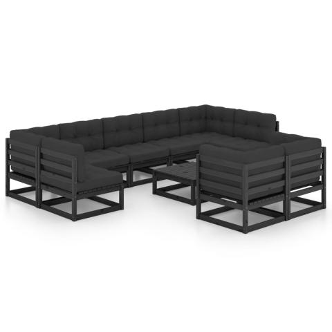 Salon de jardin meuble d'extérieur ensemble de mobilier 10 pièces avec coussins noir bois de pin massif 02_0015111