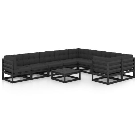 Salon de jardin meuble d'extérieur ensemble de mobilier 10 pièces avec coussins noir bois de pin massif 02_0015112 Salon de jardin meuble d'extérieur ensemble de mobilier 10 pièces avec coussins noir bois de pin massif 02_0015112