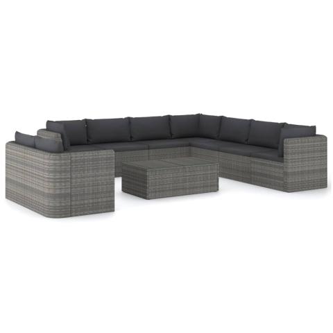 Salon de jardin meuble d'extérieur ensemble de mobilier 10 pièces avec coussins résine tressée gris 02_0015131 Salon de jardin meuble d'extérieur ensemble de mobilier 10 pièces avec coussins résine tressée gris 02_0015131