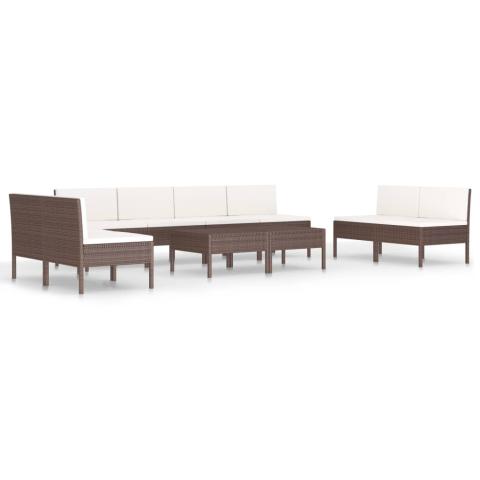 Salon de jardin meuble d'extérieur ensemble de mobilier 10 pièces avec coussins résine tressée marron 02_0015164